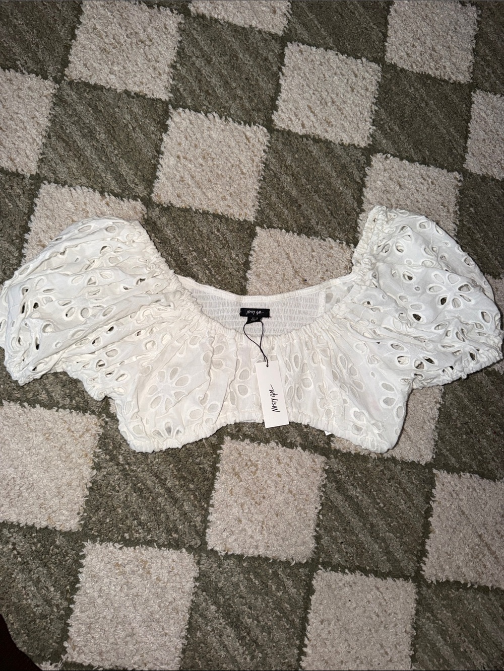 Nasty Gal Eyelet Puff-Sleeve Crop Top - White NWT